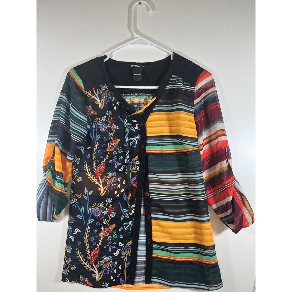 Desigual Womens XS Mixed Media Striped Floral Eyelet Roll Tab Sleeve Blouse Top